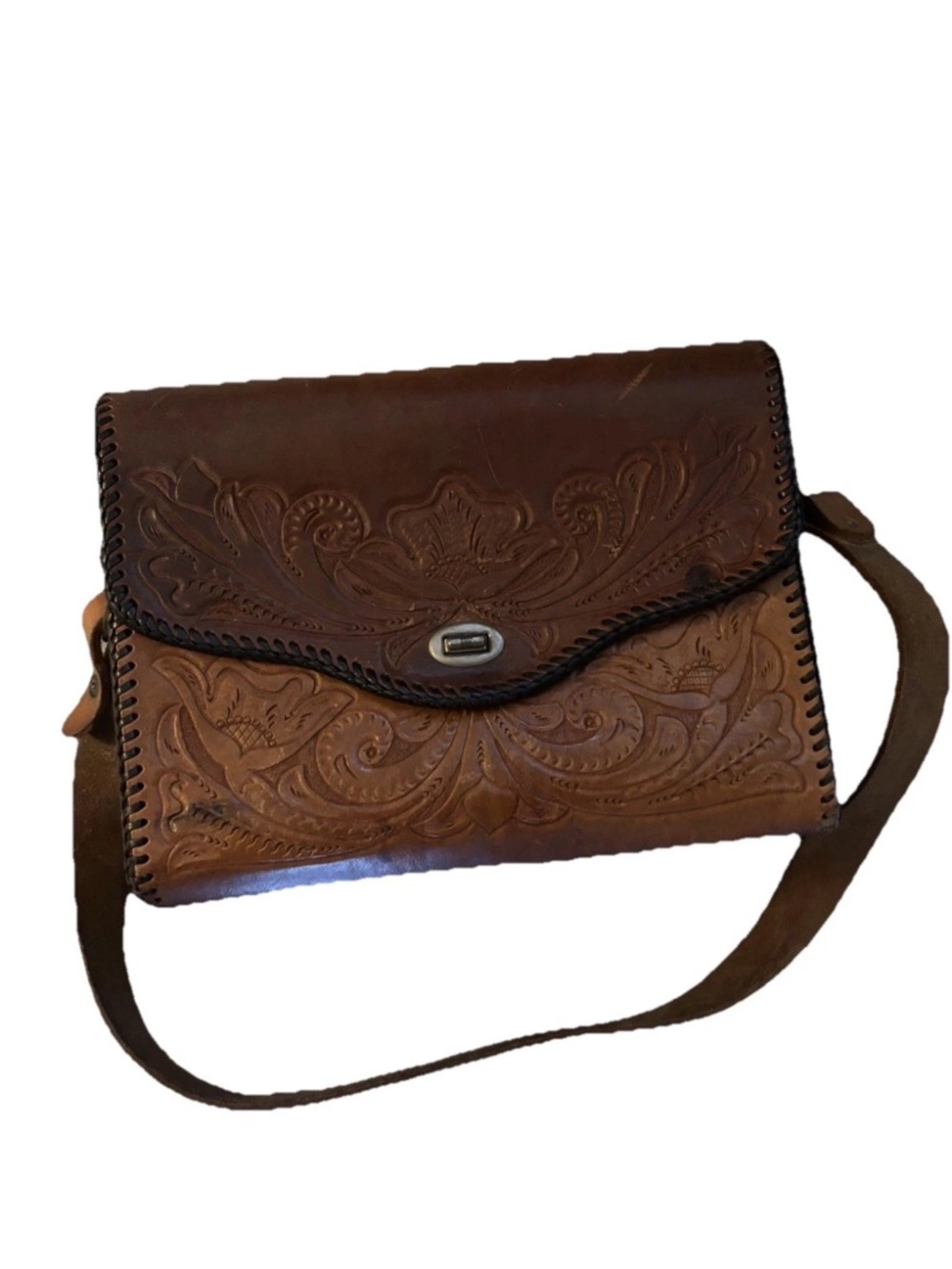 Vintage 70’s Hand-Tooled Brown Leather Shoulder Bag with Turn-Lock
